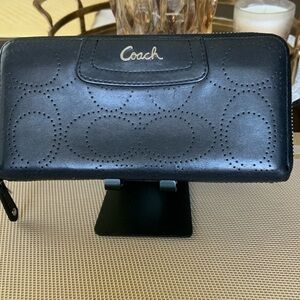Coach Black Leather Zip Wallet with Perforated Logo Pattern